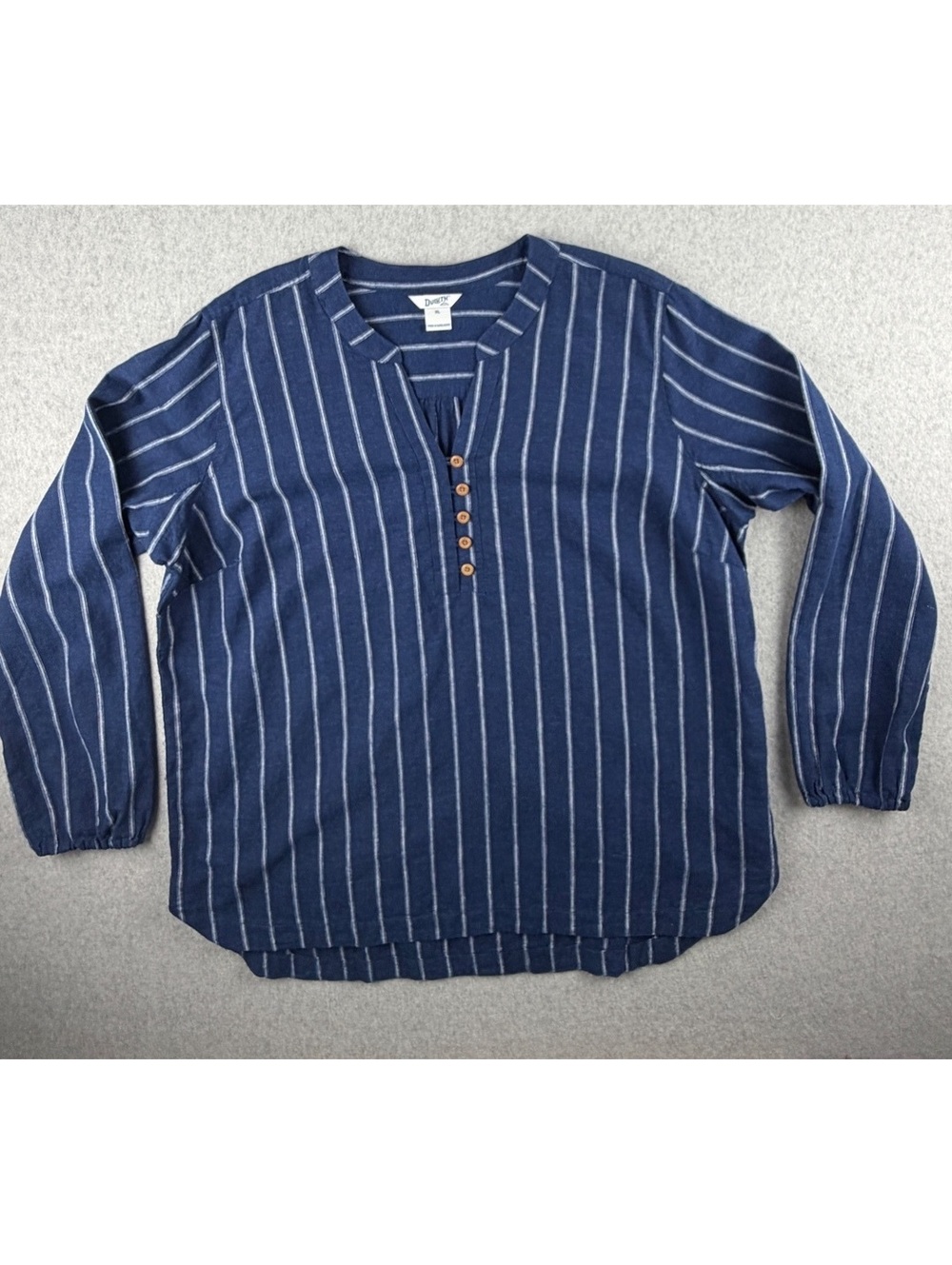 Duluth Trading Co XL Blue White Striped Henley Tunic Popover Shirt
